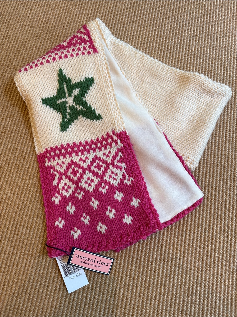 NWT Vineyard Vines Pink, Green & Cream Starfish Knit Scarf Fleece Lined